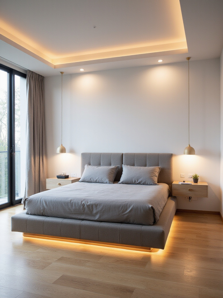 Modern bedroom with integrated smart lighting system casting a warm, inviting amber glow for ambiance control.