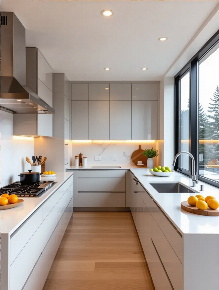 Modern luxury kitchen designed with smart space planning for optimal flow, featuring distinct work zones, integrated appliances, and clear pathways.