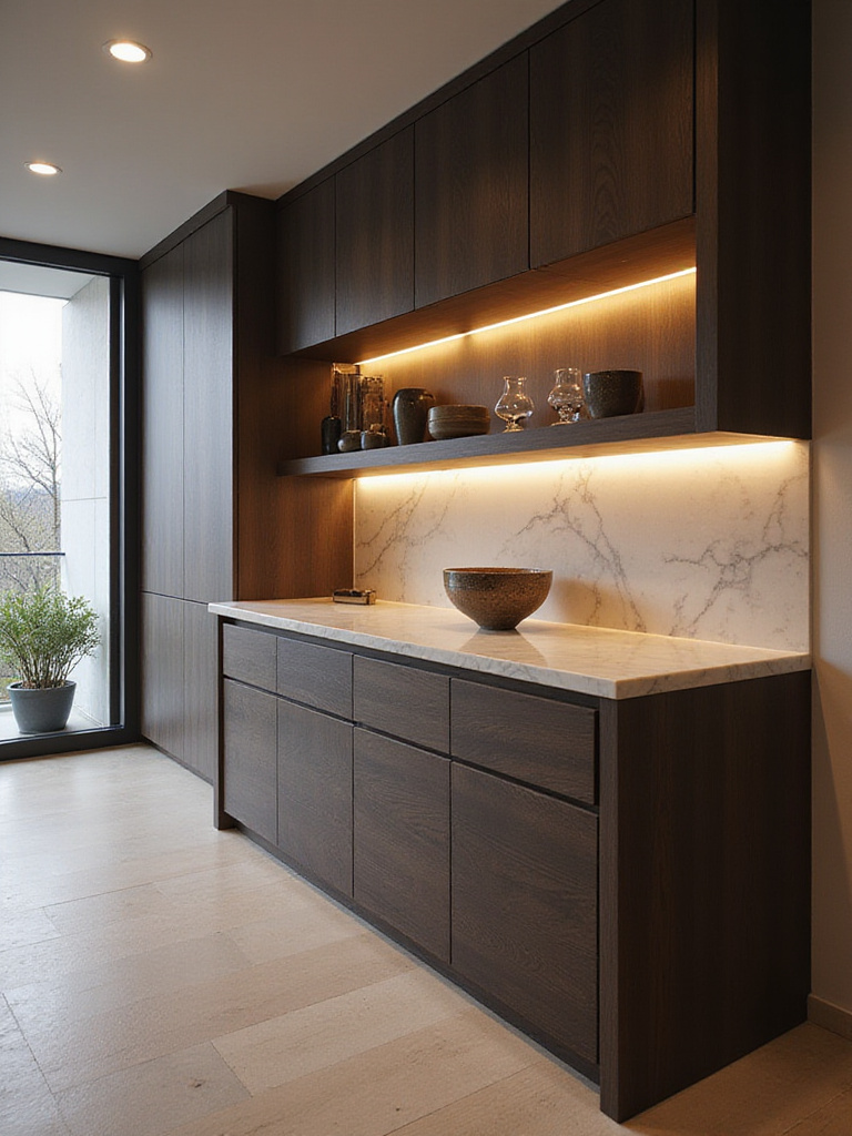 Modern dining room featuring warm LED undercabinet and shelf lighting illuminating a sideboard and decorative items, creating depth and a sophisticated ambiance.