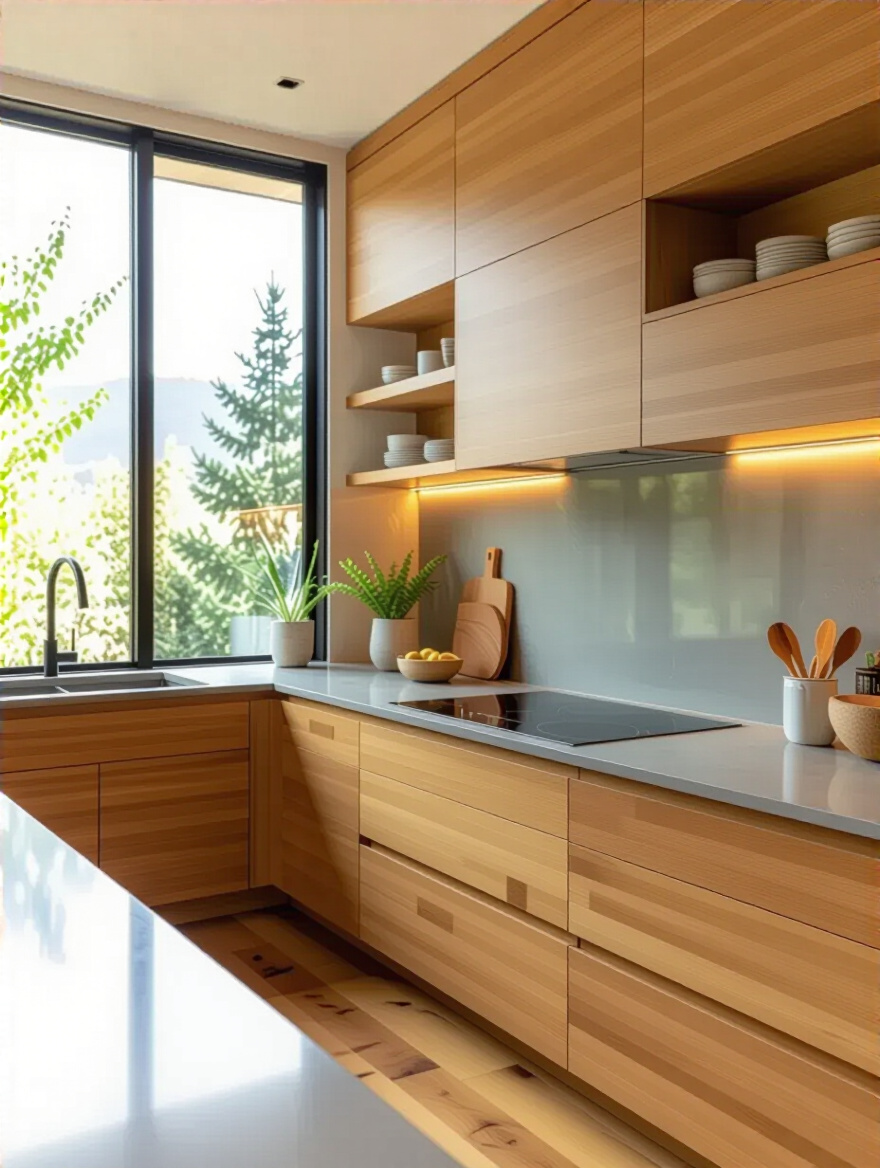 Modern kitchen with bamboo cabinetry, recycled glass countertops, reclaimed wood flooring, large window for natural light, and discreet LED lighting, embodying sustainable design choices.