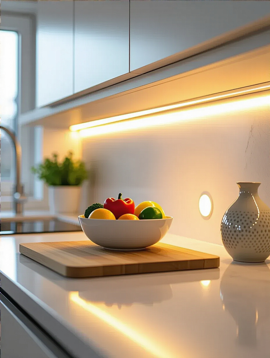 Sleek kitchen countertop with under-cabinet LED lighting providing bright task illumination and a warm ambient glow, highlighting a clean food prep area.