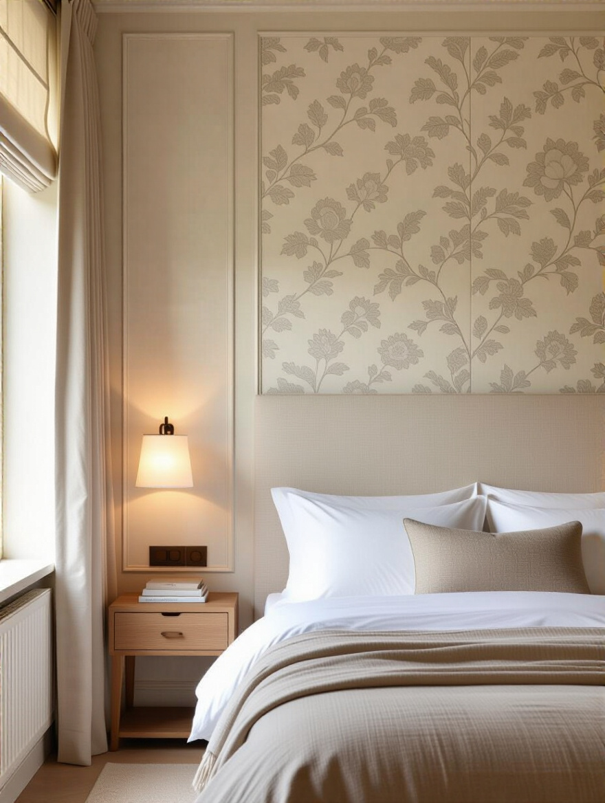 Portrait view of a bedroom wall showing wallpaper with textured wall panels