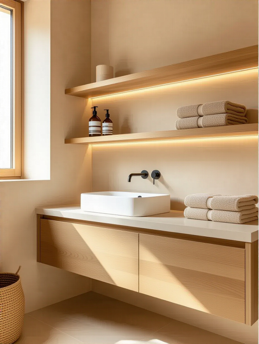 A professional photo of a modern beige bathroom featuring a warm wood floating vanity with open shelving above, creating a serene and stylish design.