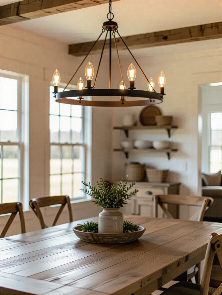 A warm and inviting farmhouse dining room features a striking wrought-iron linear chandelier with Edison bulbs suspended over a large distressed wood table, highlighting perfect overhead lighting.