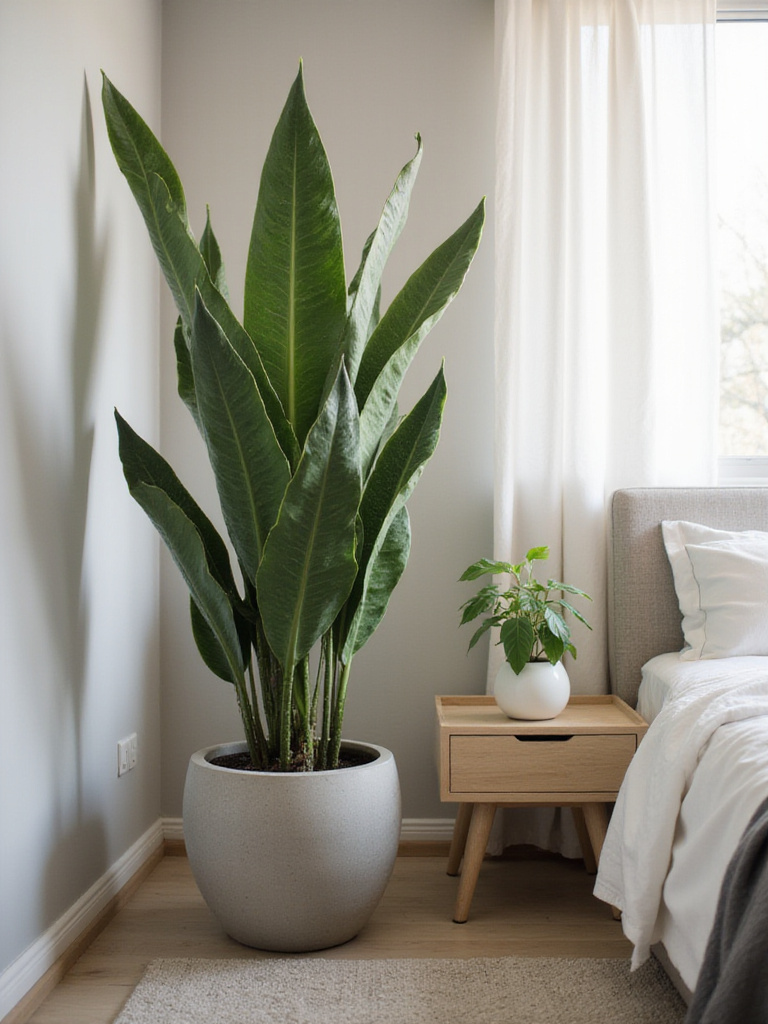 A modern bedroom corner featuring a tall Snake Plant and a trailing Pothos on a nightstand, creating a biophilic and refreshing atmosphere.