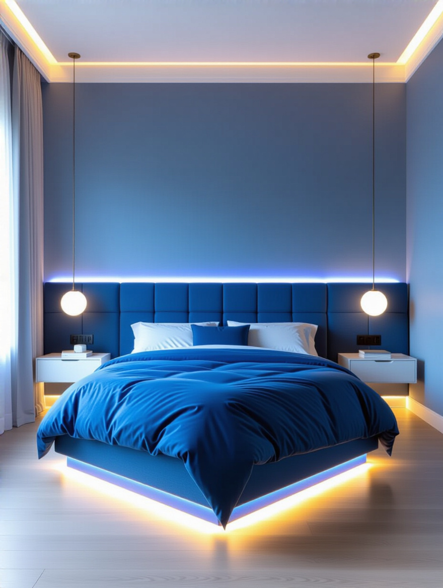 Blue ambient lighting behind headboard in a serene blue bedroom