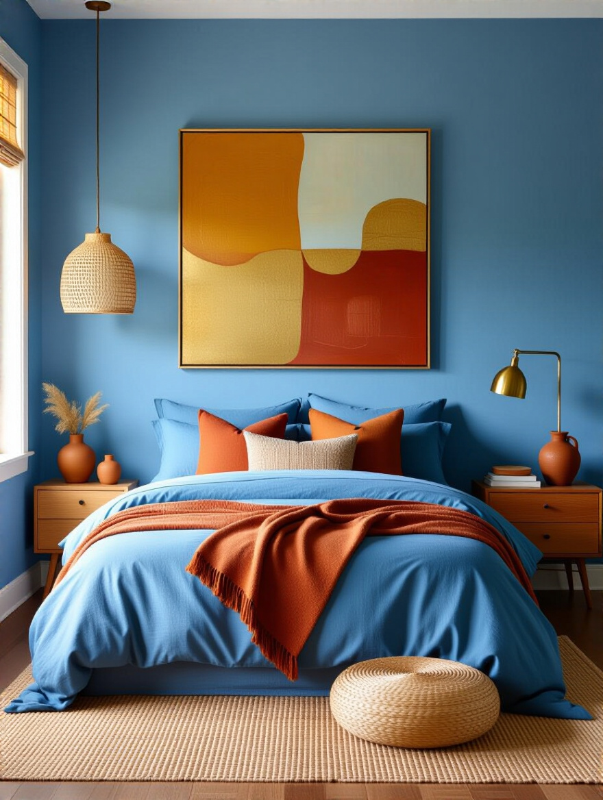 Portrait-style interior of a blue bedroom with a bold gold art piece and warm accents above the bed