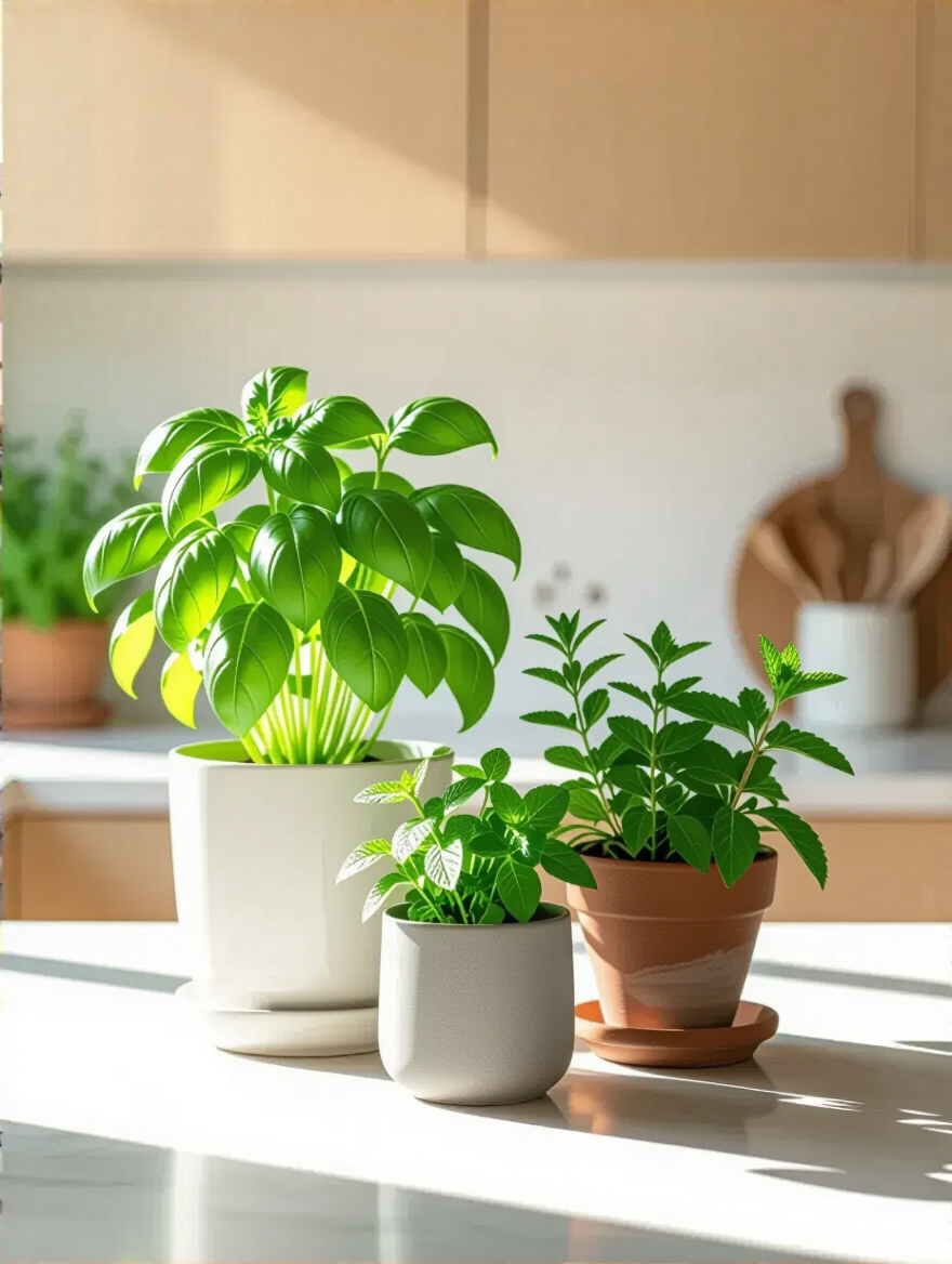 A vibrant arrangement of fresh green herbs, including basil, rosemary, and mint, in stylish white, grey, and terracotta pots on a clean kitchen countertop under natural sunlight, enhancing kitchen vitality.
