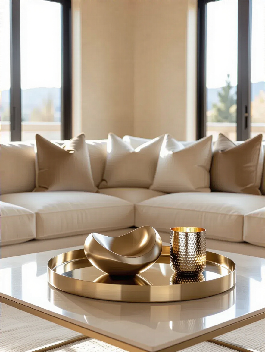 A chic beige living room featuring strategically placed metallic accents on a coffee table and sofa, enhancing glimmer and modernity.