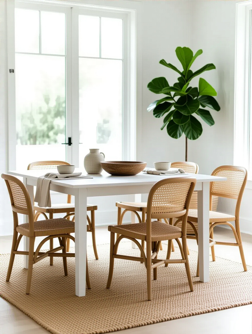 A pristine white dining room featuring a large natural jute rug, light oak dining chairs with woven cane backs, a minimalist white table adorned with ceramic bowls, a wooden serving bowl, and linen napkins. A lush potted plant adds a touch of greenery, all illuminated by soft natural light, showcasing the inviting warmth of natural textures.