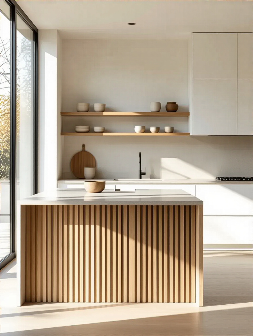 Modern kitchen with white cabinets, concrete island, and a blonde oak slatted island base. Features a single floating light wood shelf with minimalist ceramic items, showcasing natural wood accents.