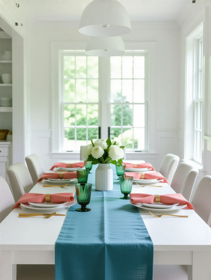 White dining room accented with colorful textiles and dinnerware accents