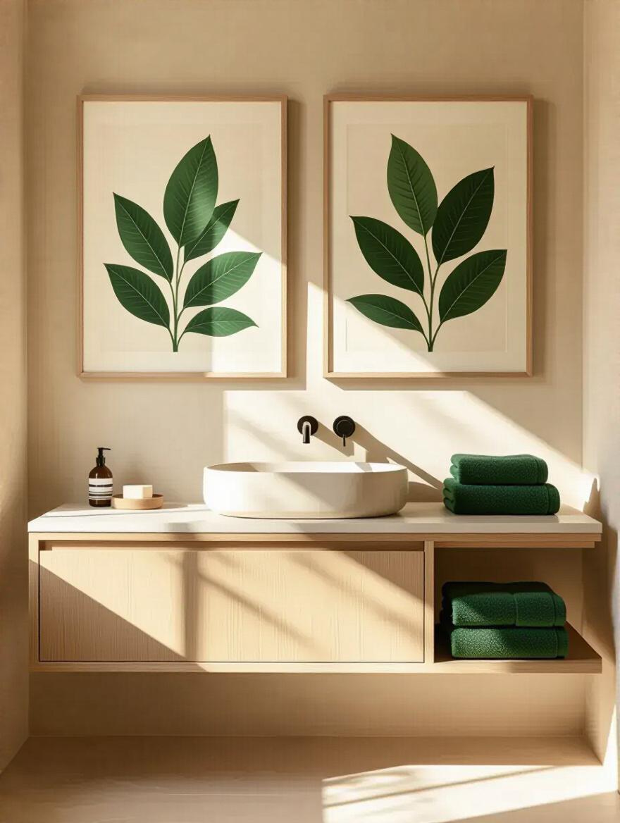A modern beige bathroom featuring emerald green hand towels neatly folded on a floating shelf and large botanical art prints with deep green leaves on a beige wall, adding contrasting color.