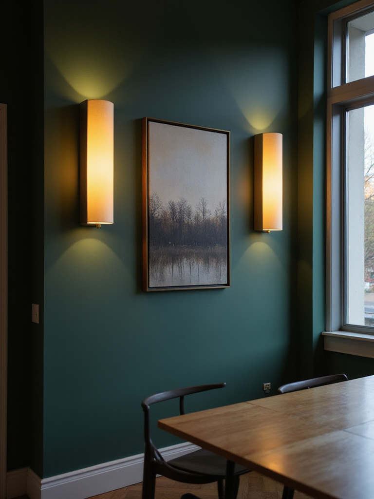 A modern dining room featuring stylish brushed brass wall sconces flanking an abstract painting on a deep green accent wall, providing decorative vertical light.