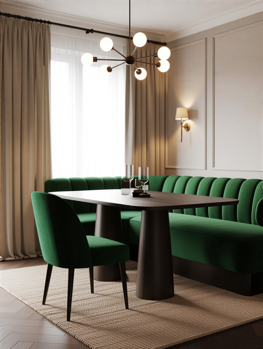 Portrait view of a dining room focusing on tactile fabrics: emerald velvet chair, textured drapes, and woven table linen.