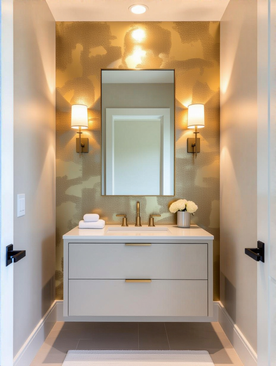 Vertical shot of a powder room featuring a bold wall treatment with reflective surfaces and a minimalist vanity