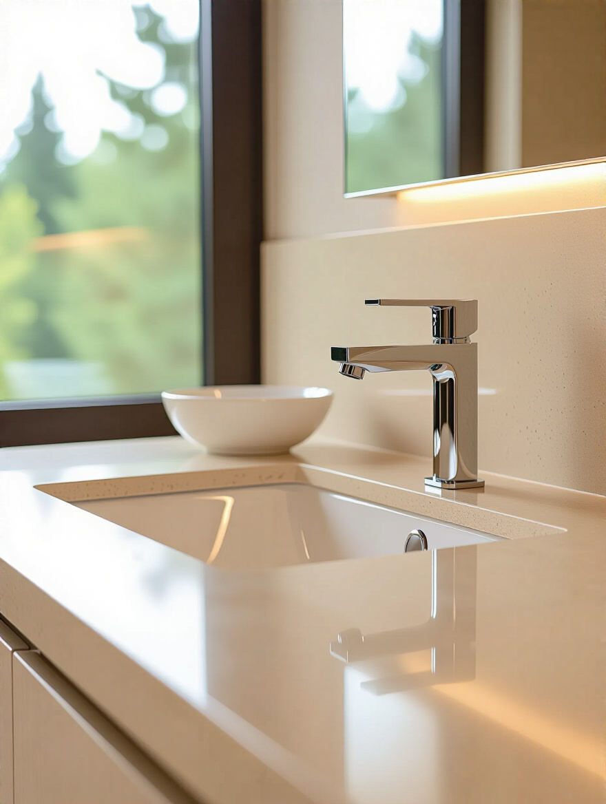 Close-up portrait of a luxurious beige bathroom countertop made from high-quality quartz, with a modern chrome faucet and vessel sink, showcasing elegance and serenity.
