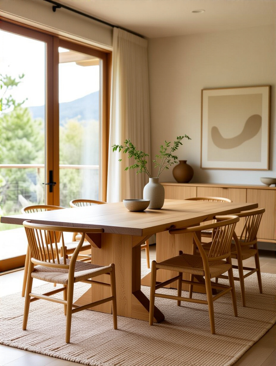Portrait of a modern dining room with a solid FSC-certified oak table and bamboo chairs