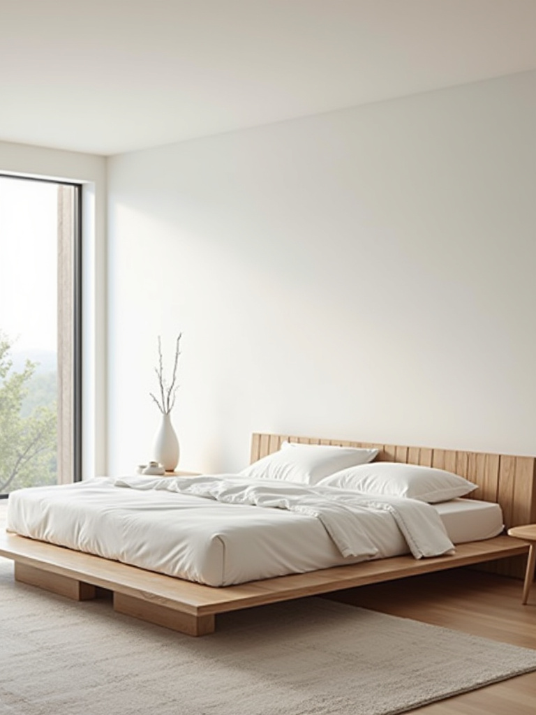 Sleek wooden platform bed in a modern, minimalist bedroom with clean lines and natural light.