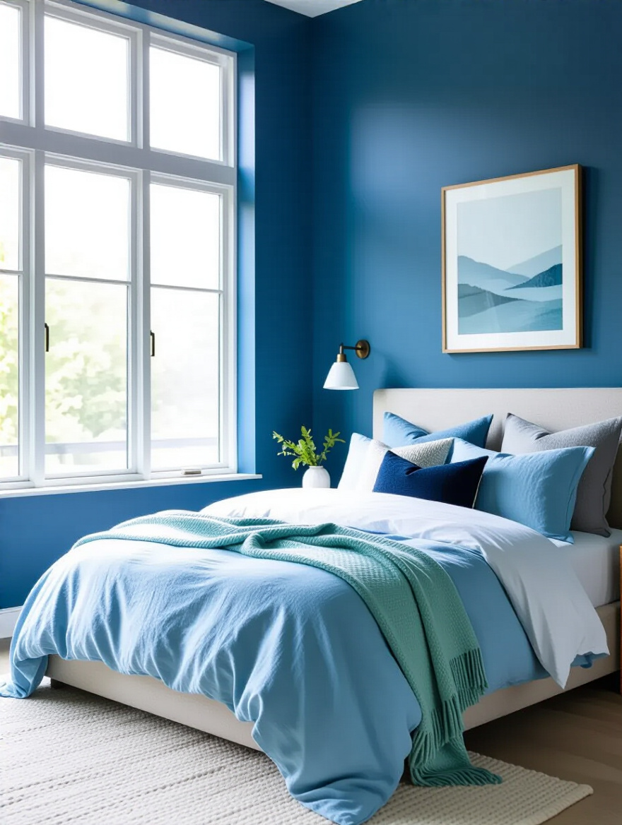 Serene blue bedroom with seasonal textiles and soft natural light