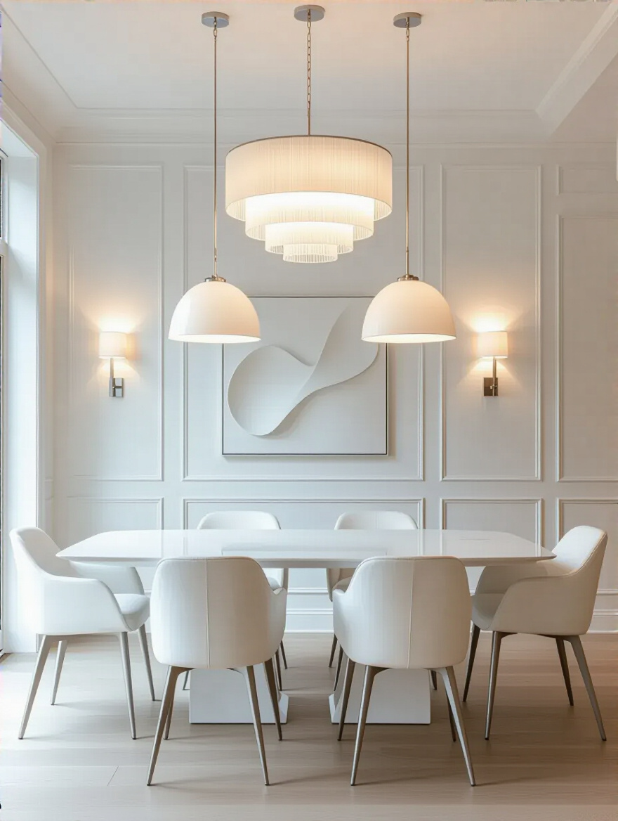 White dining room with layered lighting showing a chandelier, pendant lights, and wall sconces for depth and ambiance.