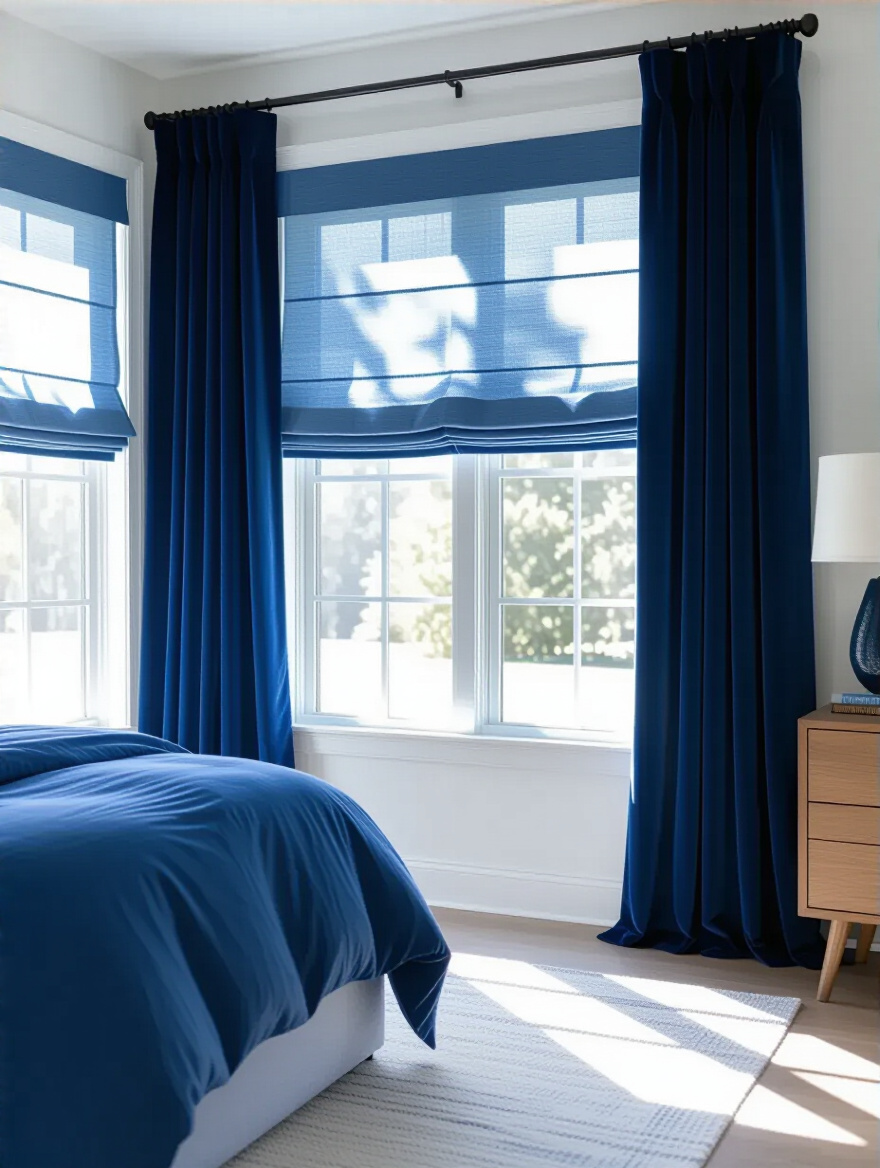 Blue layered window treatments in a serene blue bedroom with layered shades and drapes