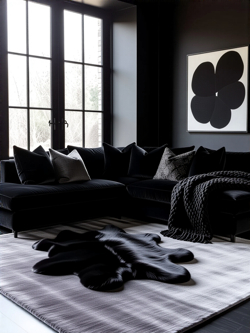 Luxurious black living room showcasing layered charcoal wool rug, black sheepskin rug, a velvet sofa with dark faux fur and silk pillows, and a cashmere throw, creating tactile warmth and comfort in a portrait shot.