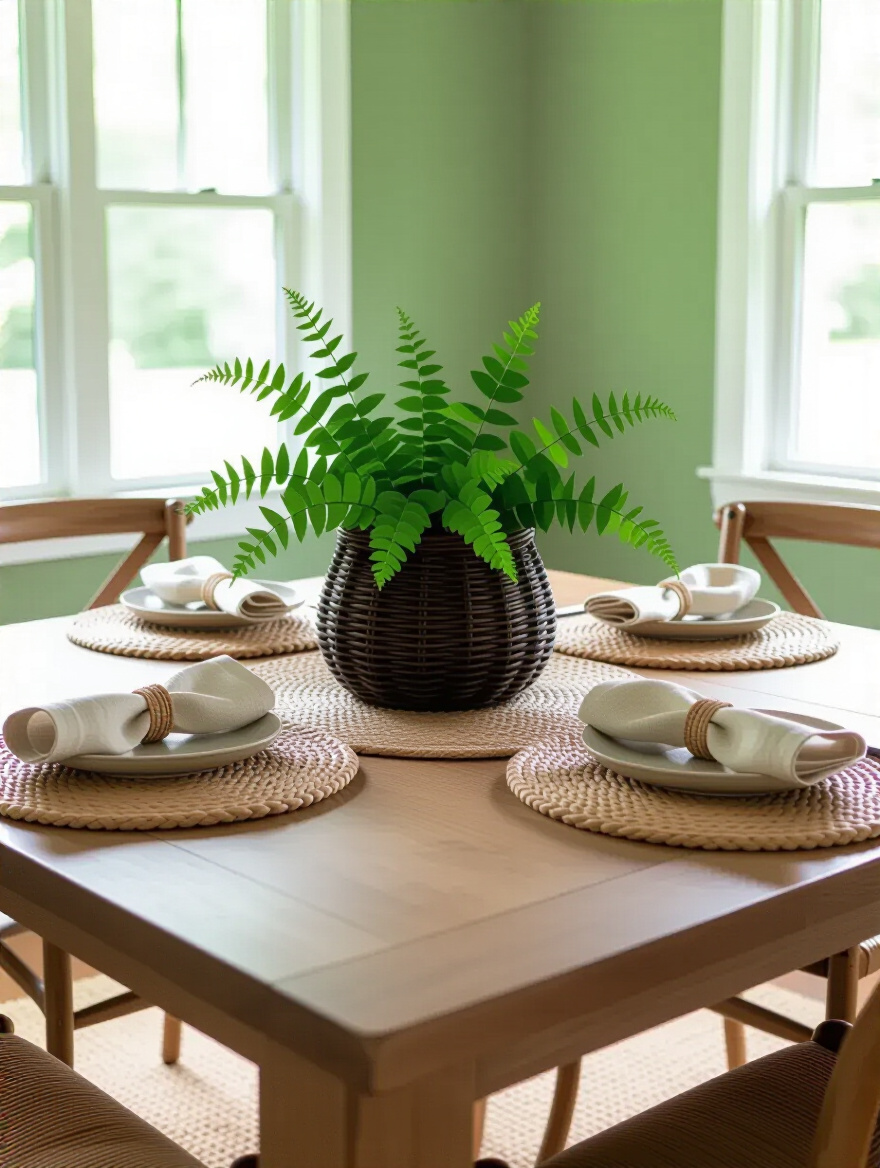 A serene green dining room featuring a large round jute rug under a wooden dining table. The table is set with crisp linen napkins and decorative woven baskets, creating a layered look of natural textures.