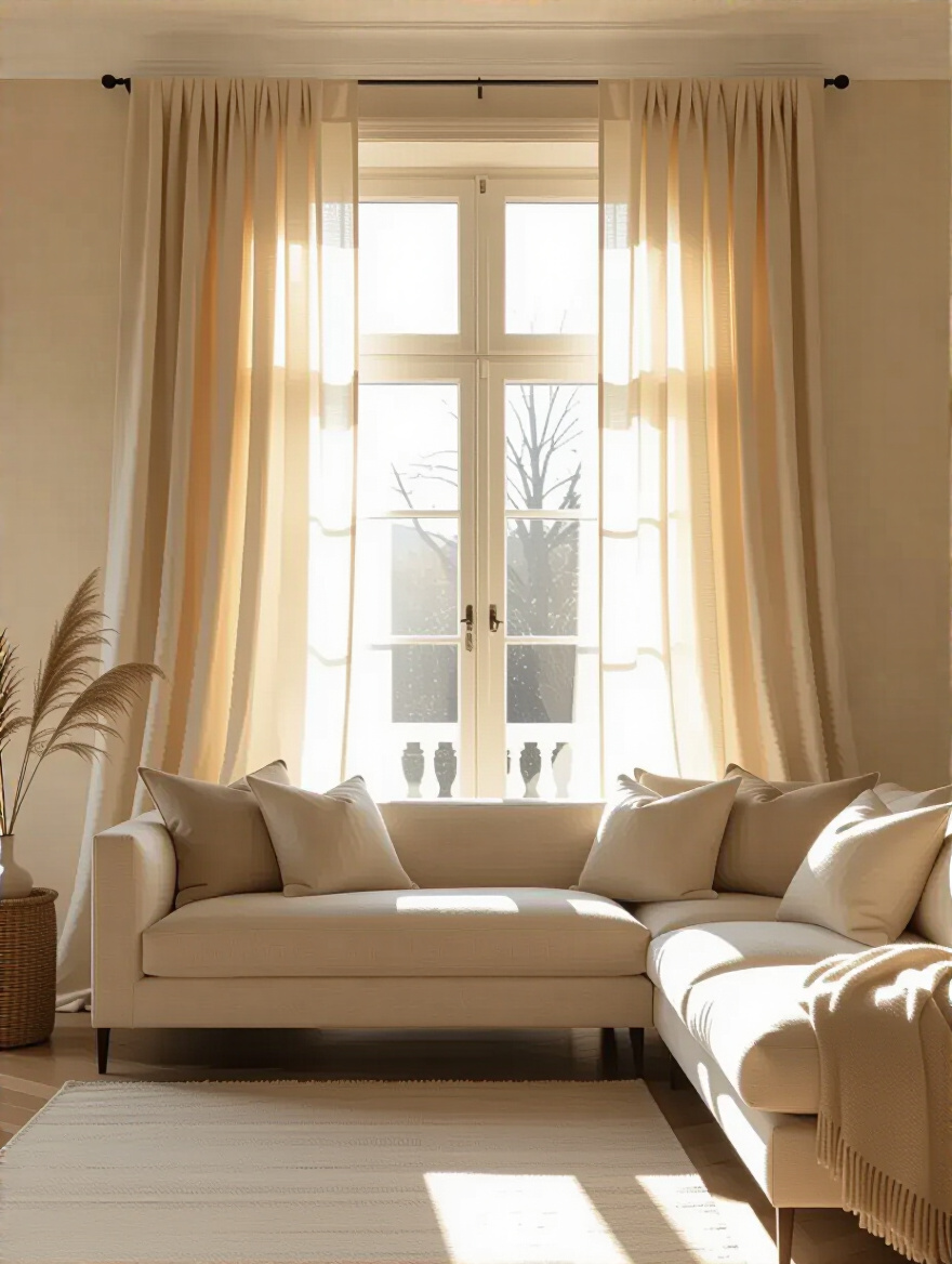Beige living room with layered sheer curtains diffusing sunlight, creating a soft, elegant ambience and enhanced privacy.