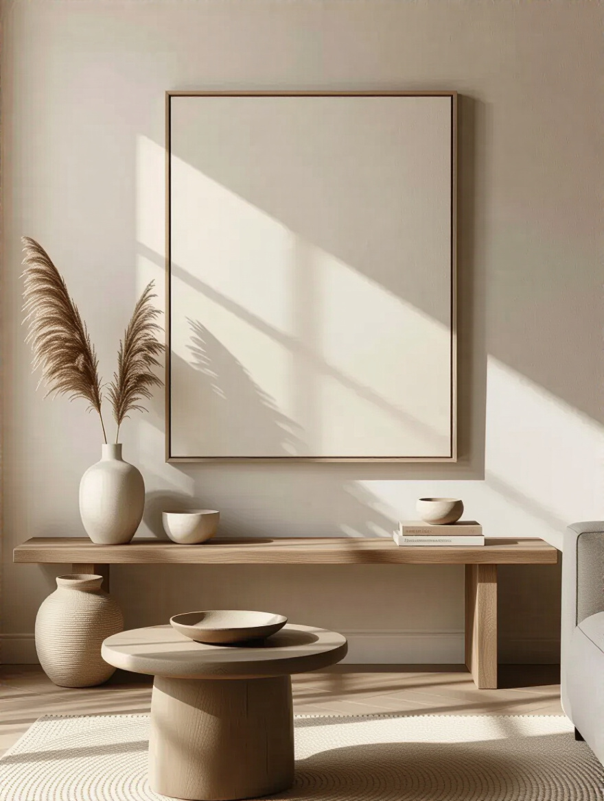 Portrait view of layered wall decor with a large piece and smaller items in front in a modern living room.