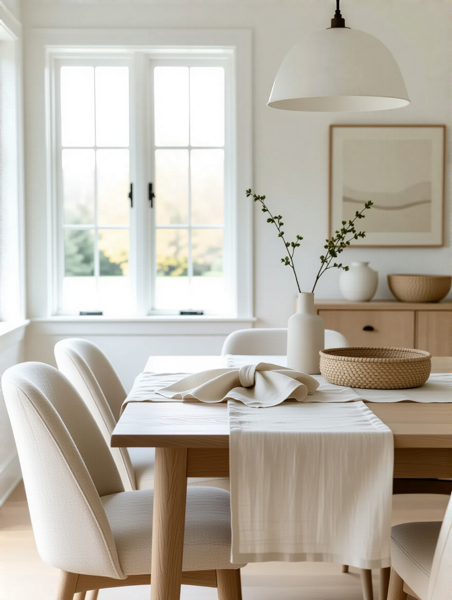 White dining room layered textures with linens, upholstery, and wood accents