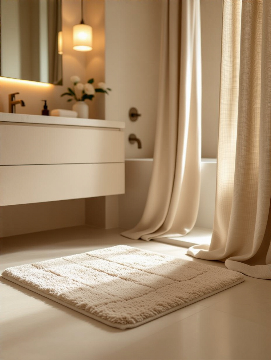 A luxurious beige bathroom featuring a thick, plush beige bath rug in front of a vanity and an elegant textured beige fabric shower curtain, showcasing layered textures and warmth.