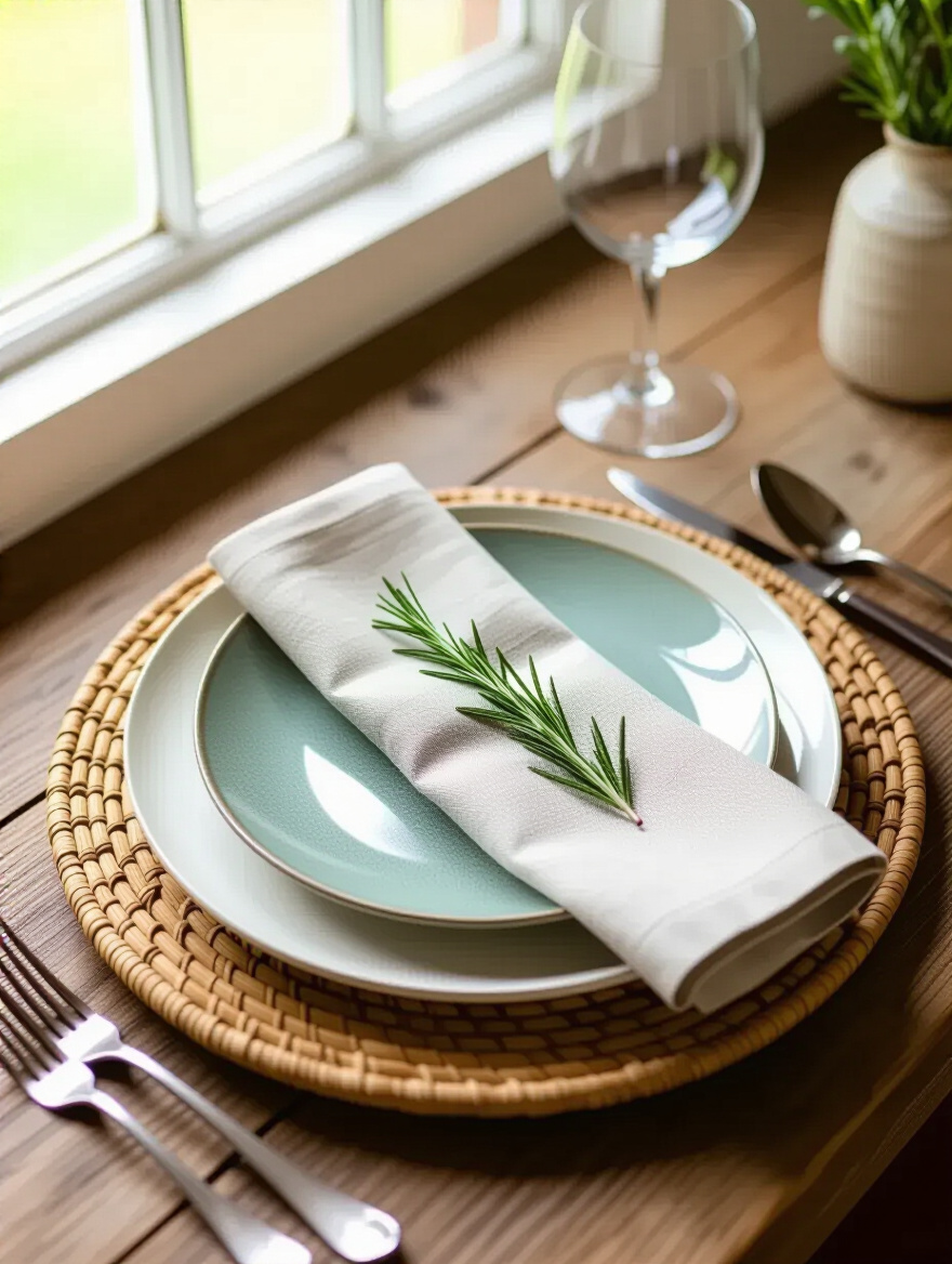 Detailed view of a single layered farmhouse place setting with rattan charger, stoneware plates, linen napkin, and rosemary sprig on a rustic wooden table.
