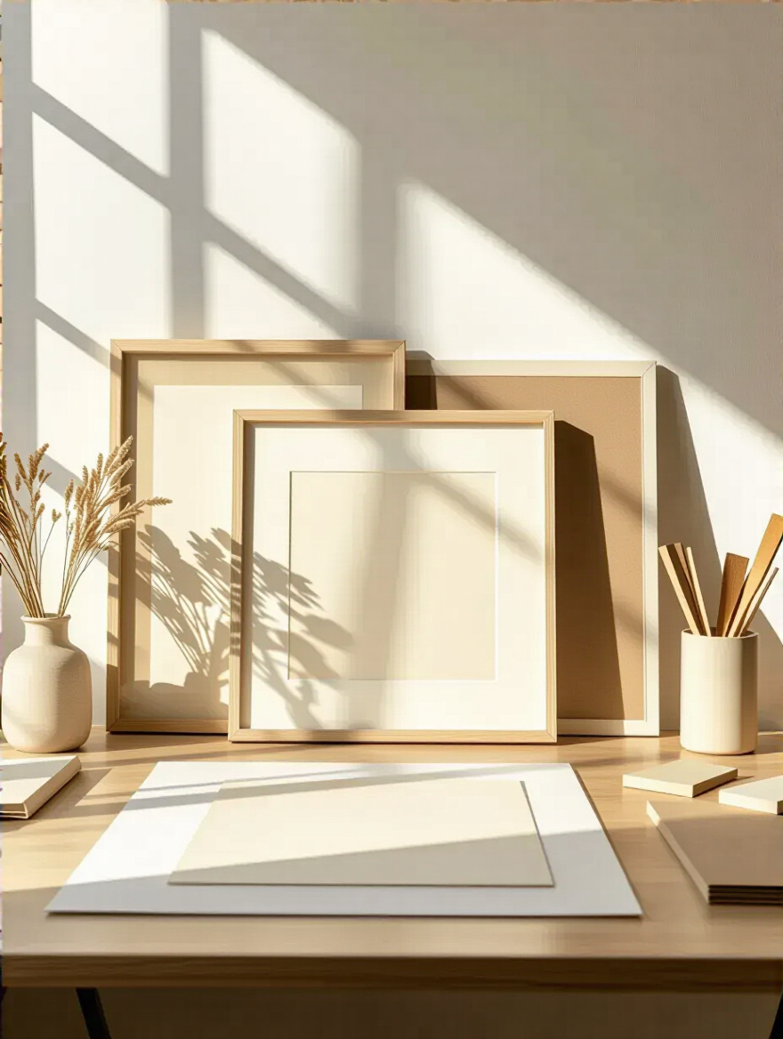 Portrait-style framing studio setup with archival materials and a finished framed piece