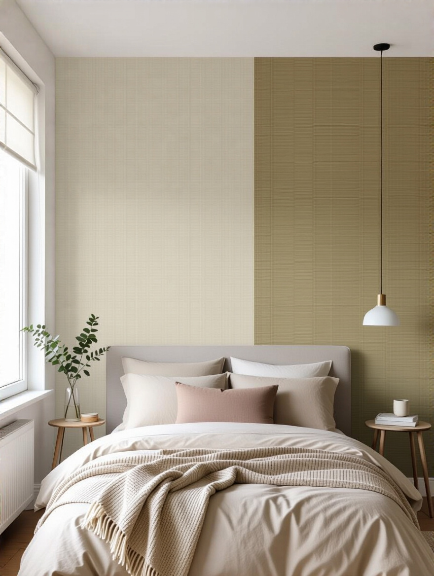 Portrait bedroom corner showing multiple wallpaper textures and tidy cleaning setup