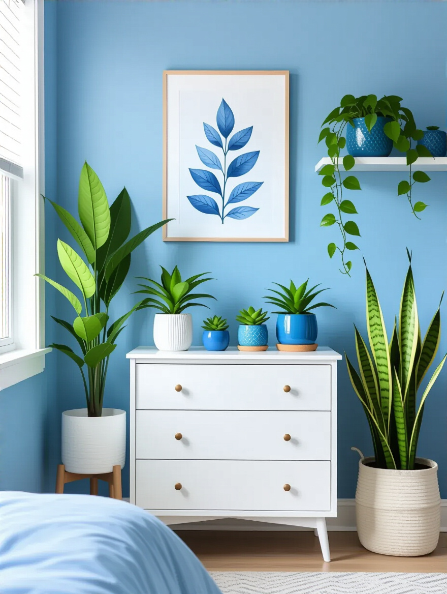 Vertical portrait of a blue bedroom with blue botanical accents and indoor plants