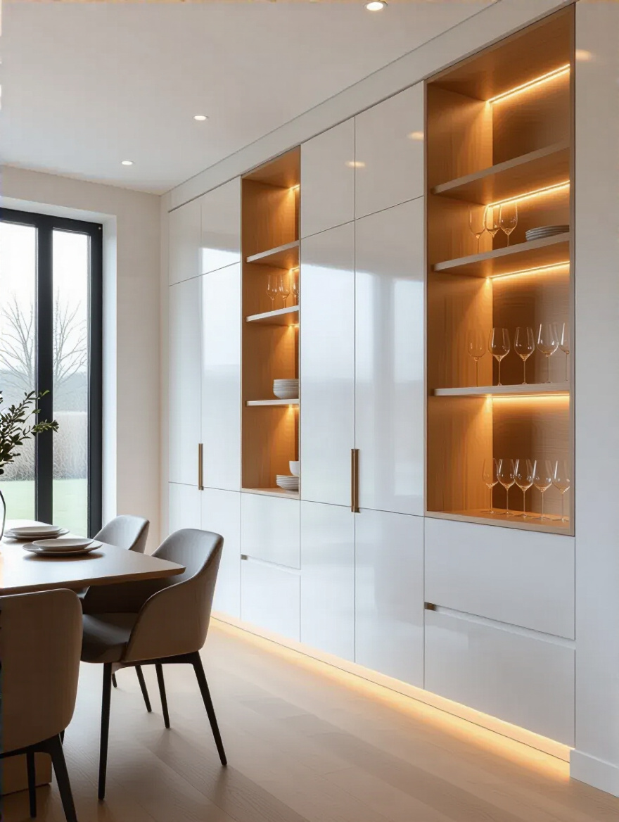 Portrait view of a modern dining room with flush built-in cabinetry along the wall