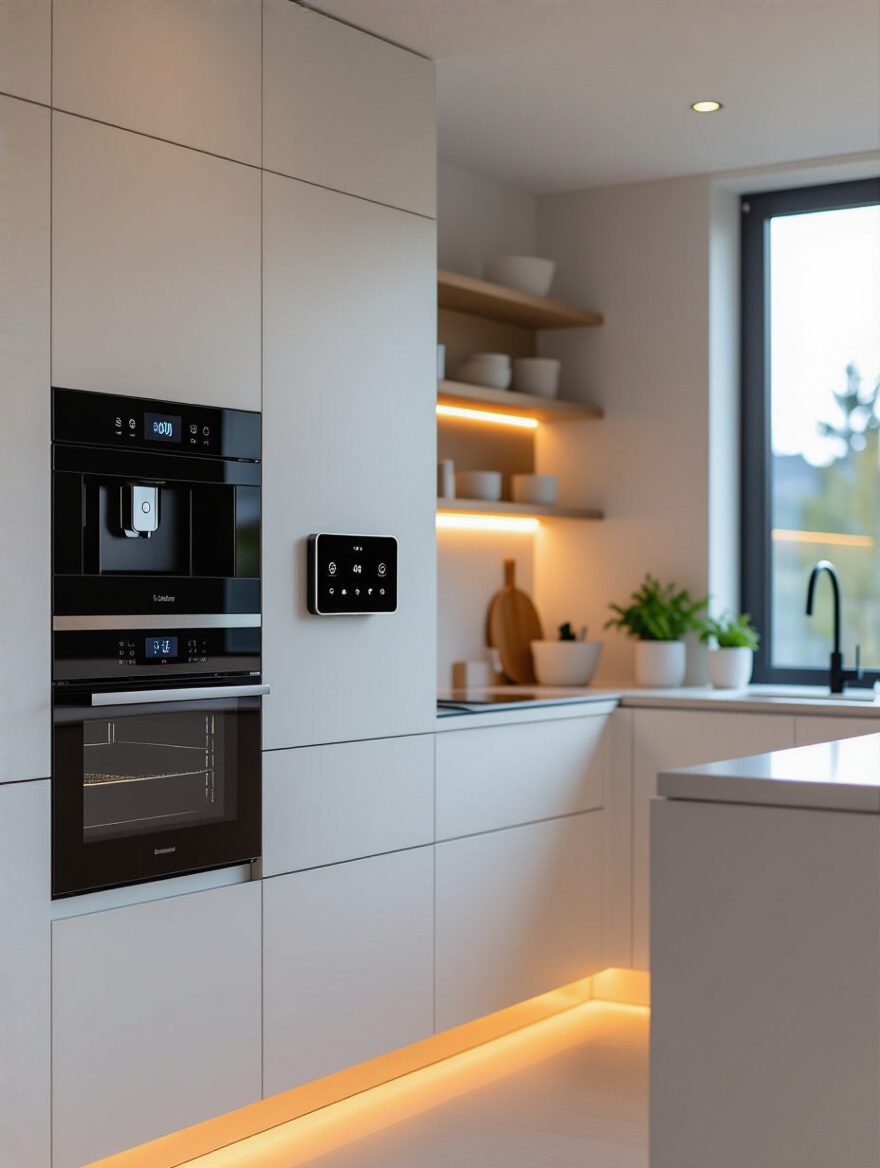 Modern kitchen with a wall-mounted smart home control panel, integrated smart appliances, and automated LED lighting, illustrating unified control and automation.