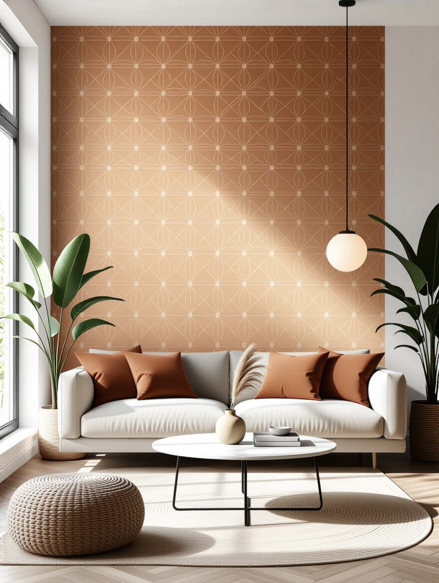 Vertical living room wallpaper accent wall with peel-and-stick design