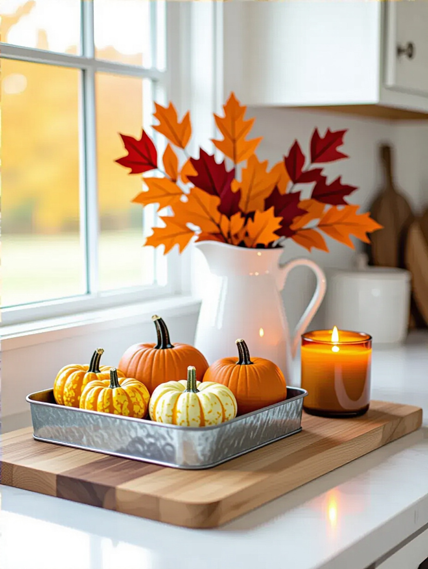 Autumn themed modern farmhouse kitchen countertop with gourds, faux foliage, and a pumpkin spice candle, illustrating seasonal decor changes.