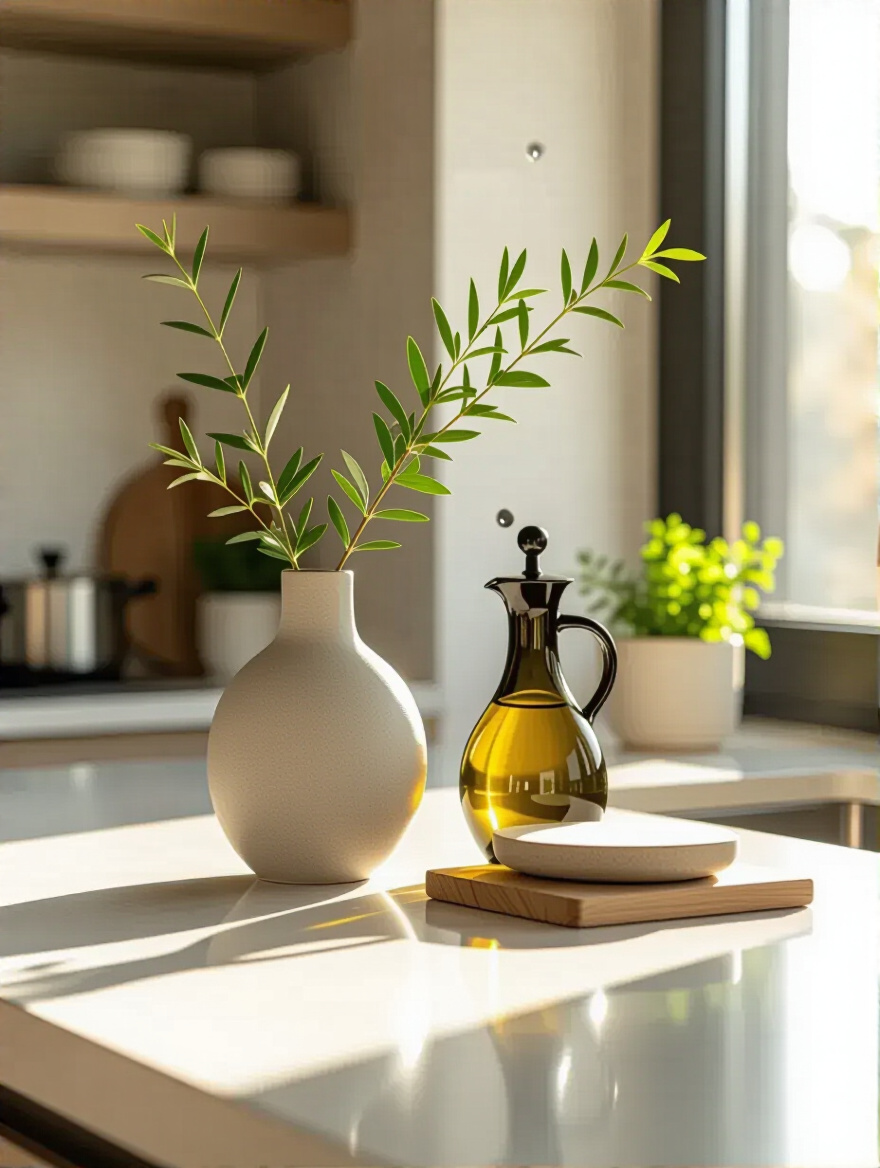 A pristine, organized kitchen countertop featuring minimalist decor like an elegant vase and a ceramic olive oil dispenser, gleaming under soft natural light, showcasing impeccable cleanliness and sophisticated style.