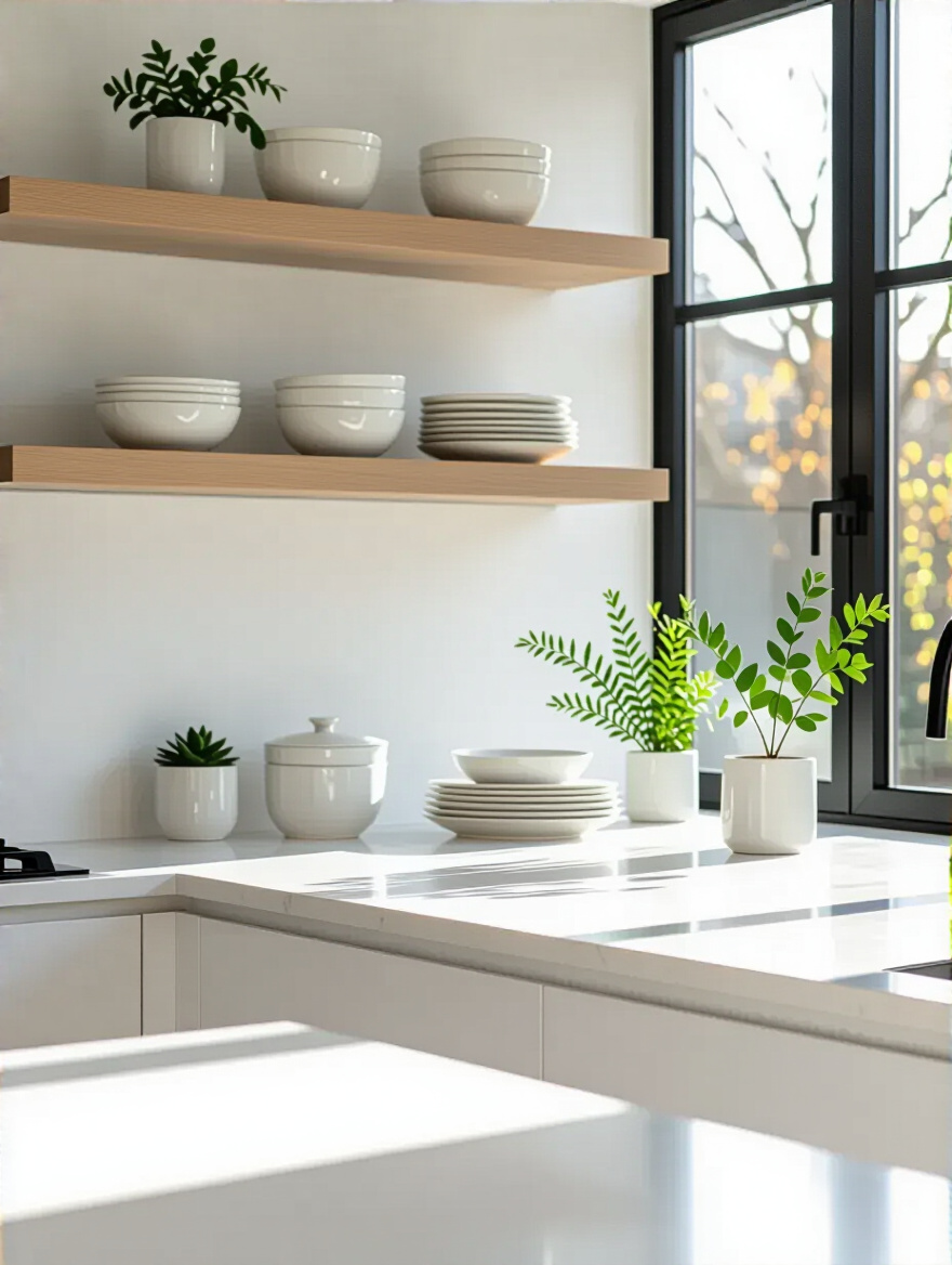 Modern kitchen with clutter-free white quartz countertops and minimalist open shelving displaying neatly organized ceramic dinnerware and a small green plant. Bright, clean, and organized space.