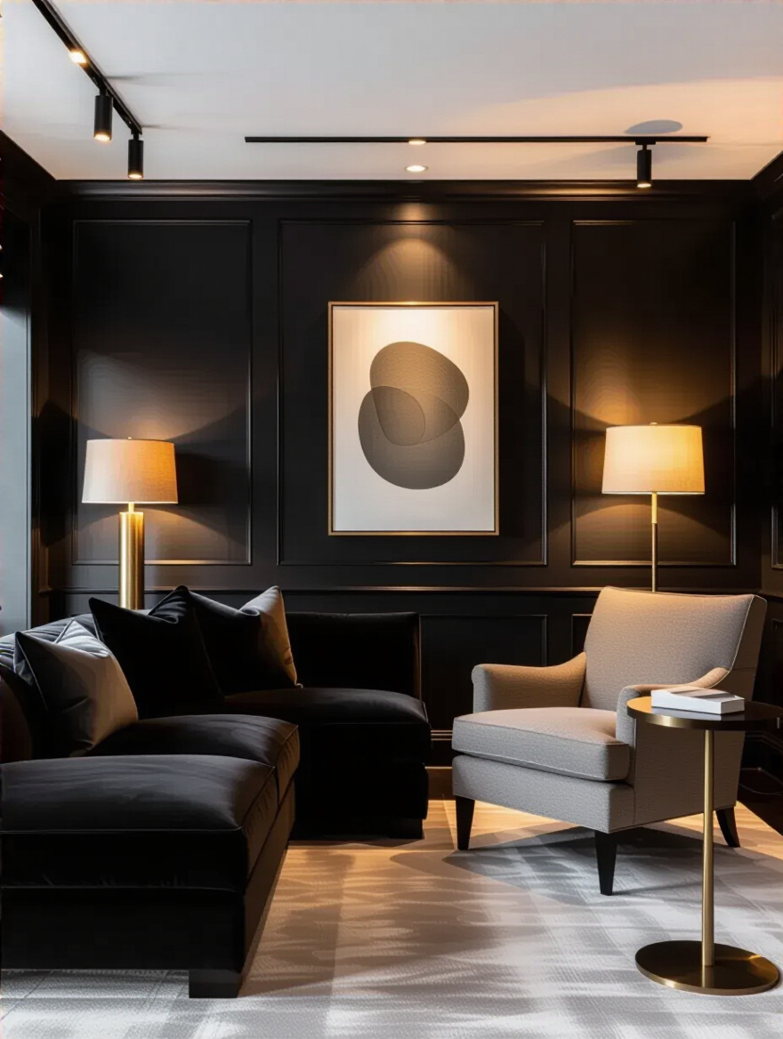 A luxurious black living room with warm layered lighting from recessed lights, a brass floor lamp, and accent lighting on artwork, creating depth and sophistication.