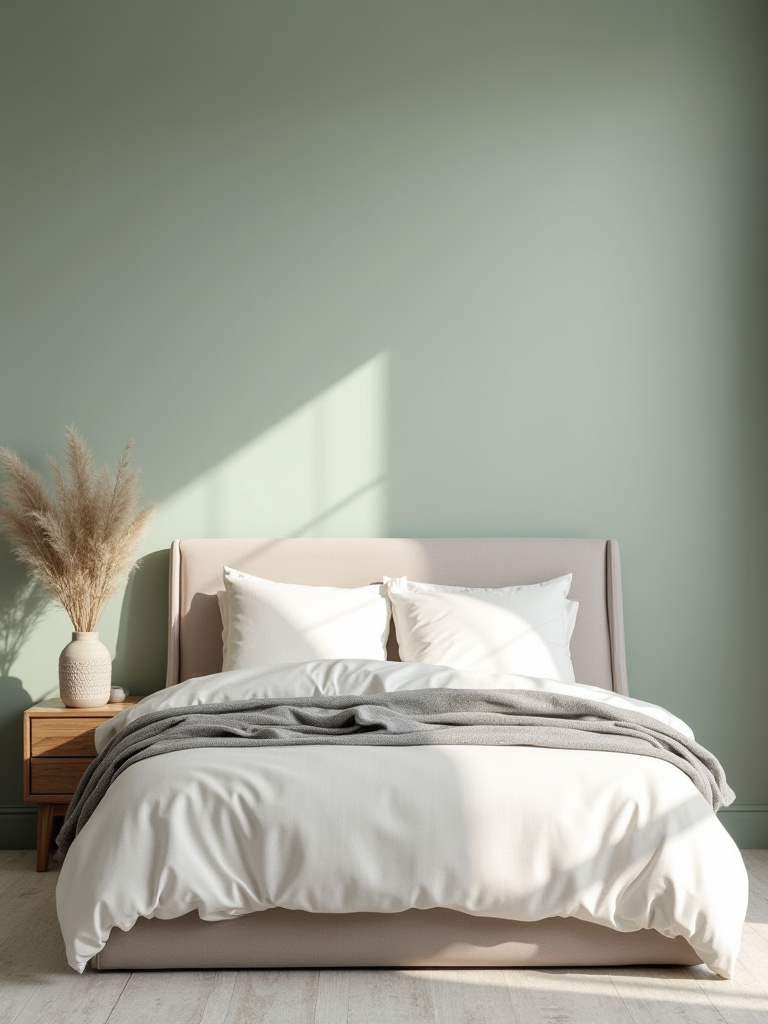 Modern serene bedroom with a calming color palette of soft greens, grays, and whites, showcasing harmonious textile layers and minimalist furniture.