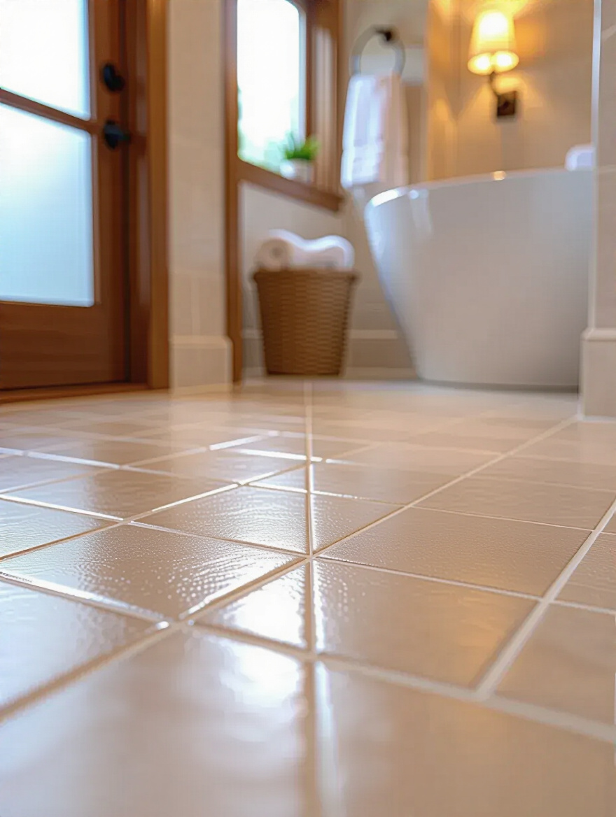 Portrait view of bathroom tile layout showing even grout lines and visible spacers
