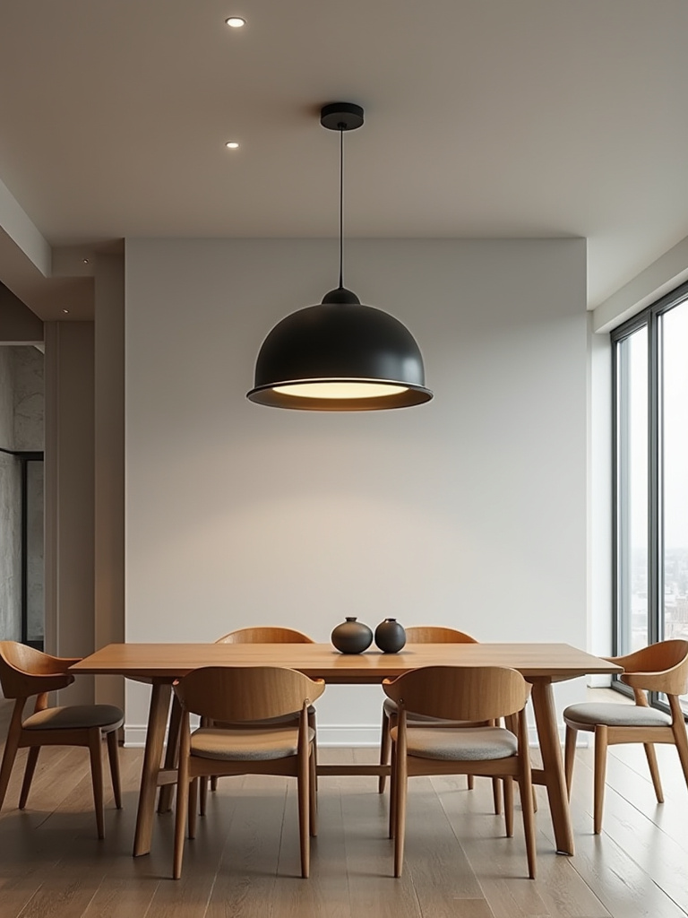 Modern dining room with a perfectly coordinated lighting fixture that complements the room's materials, finishes, and scale. Wooden dining table, minimalist chairs, matte black and blonde wood pendant light.