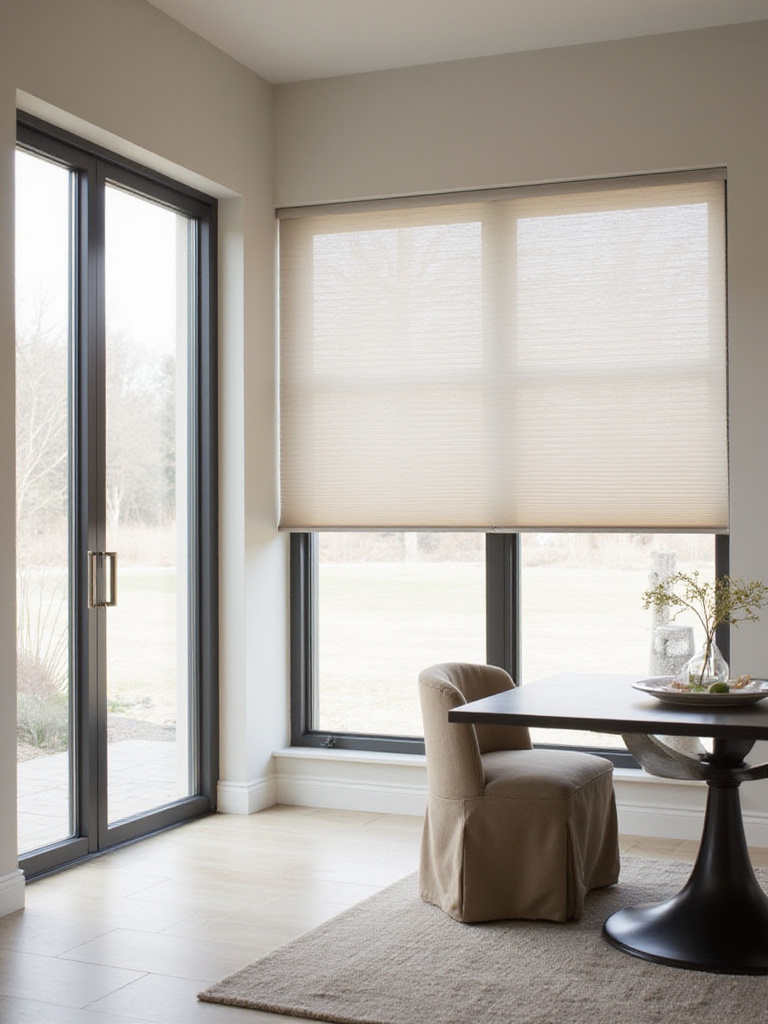 Modern dining room bathed in natural light, showcasing light-filtering cellular shades on large windows, strategic window treatments for maximizing brightness.