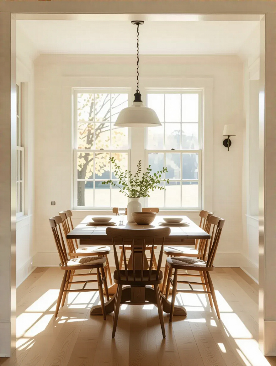 A bright and spacious farmhouse dining room, clearly showing ample table spacing and flow for a comfortable experience.
