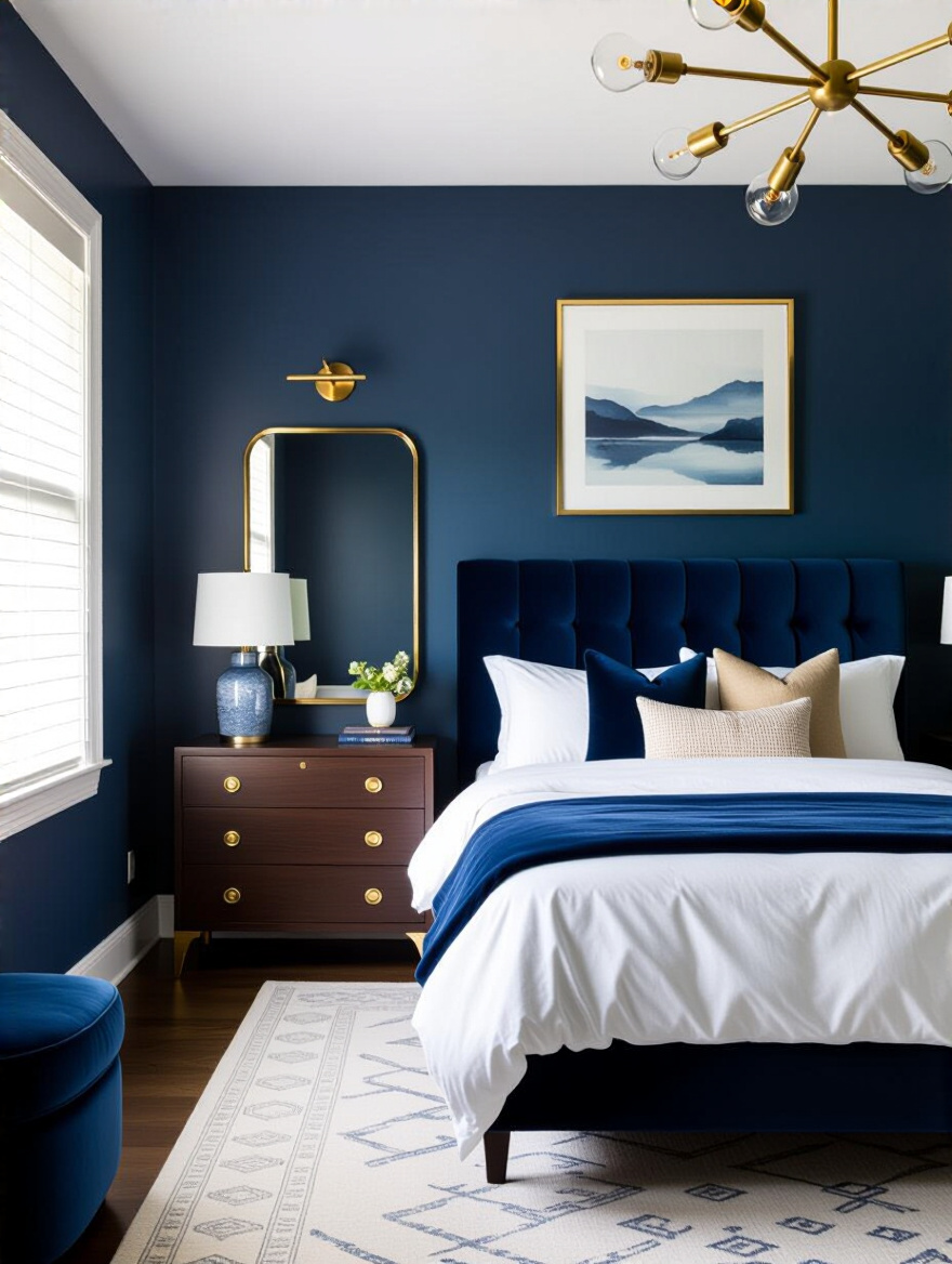Vertical view of a blue bedroom with gold and brass accents.