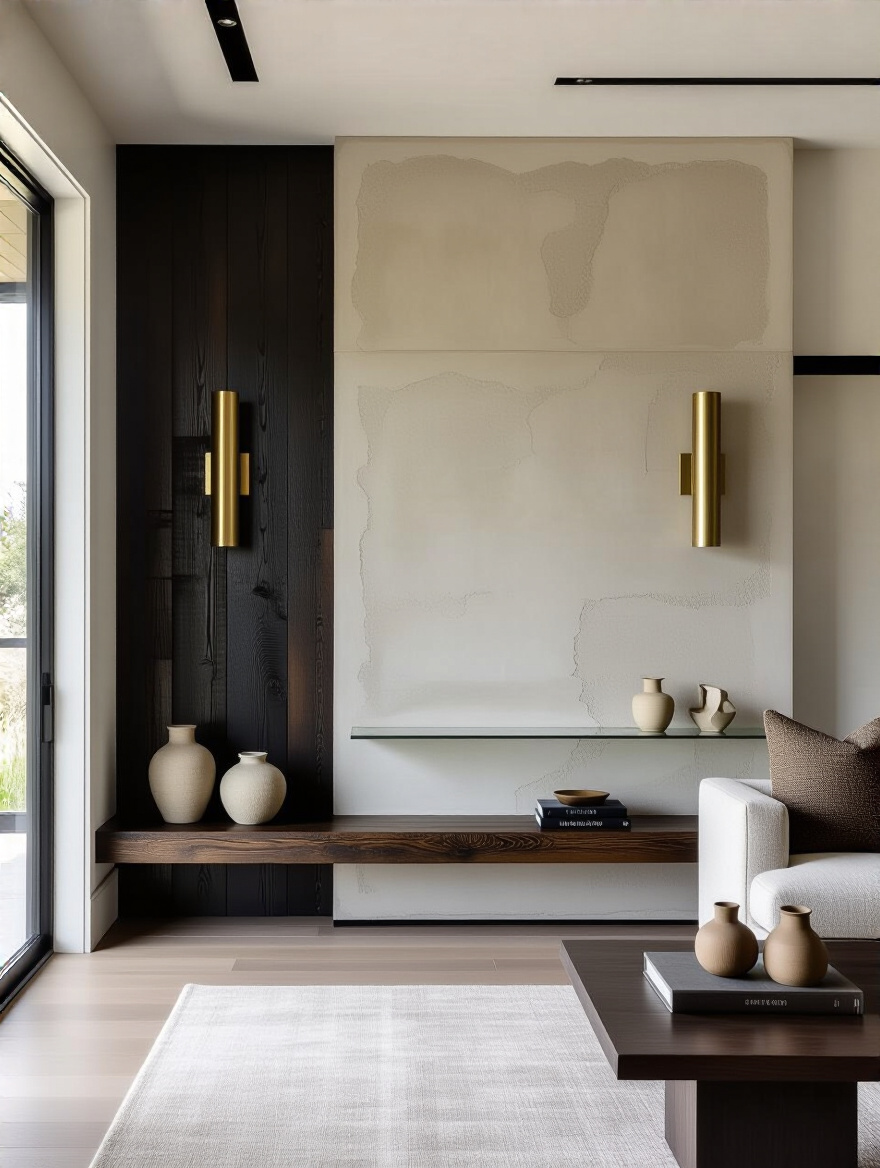 Vertical view of a living room wall with layered textures and mixed materials.
